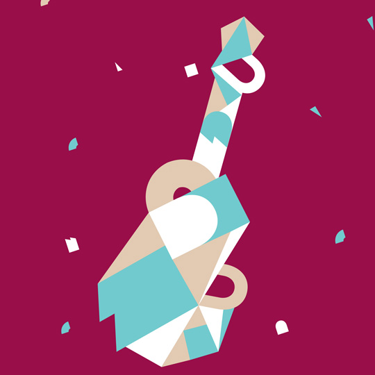 angular cut out shapes overlaying one another made into the shape of a guitar featuring teal, white, bone and burgundy